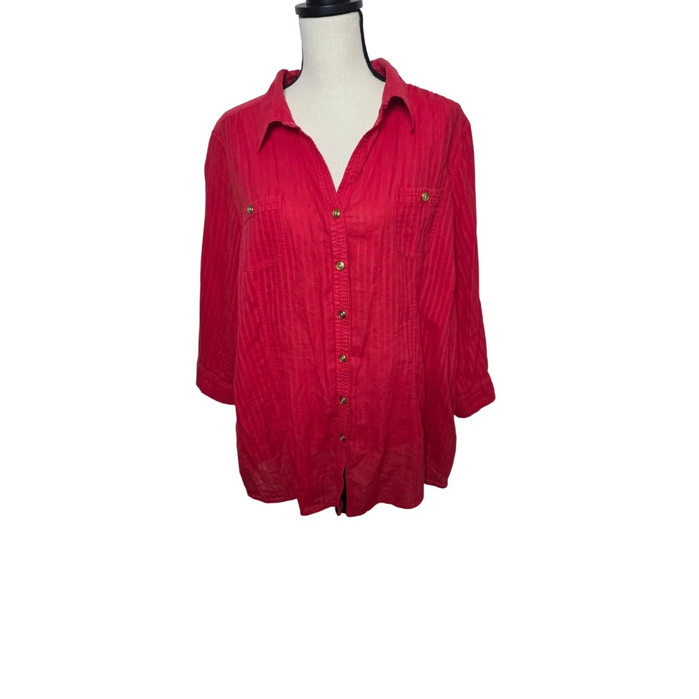 Avenue Perfect Shirt Womens 26/28 Red Cotton Stripe Button Down 3/4 Roll Sleeve